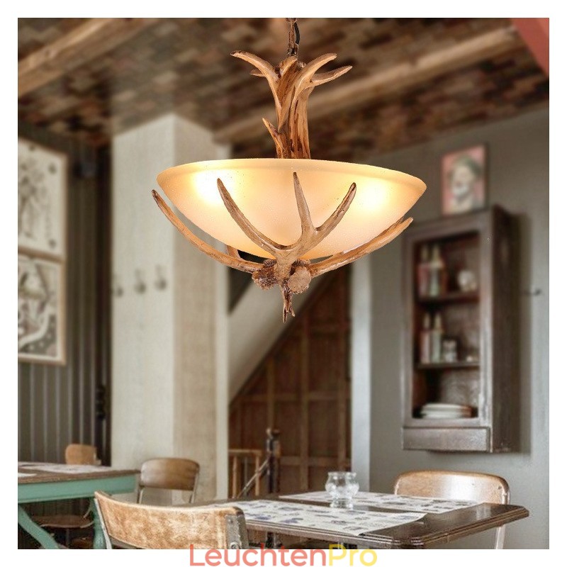 One Light Rustikale, künstlerische Retro-Pendelleuchte mit Geweih und antikem Glasschirm