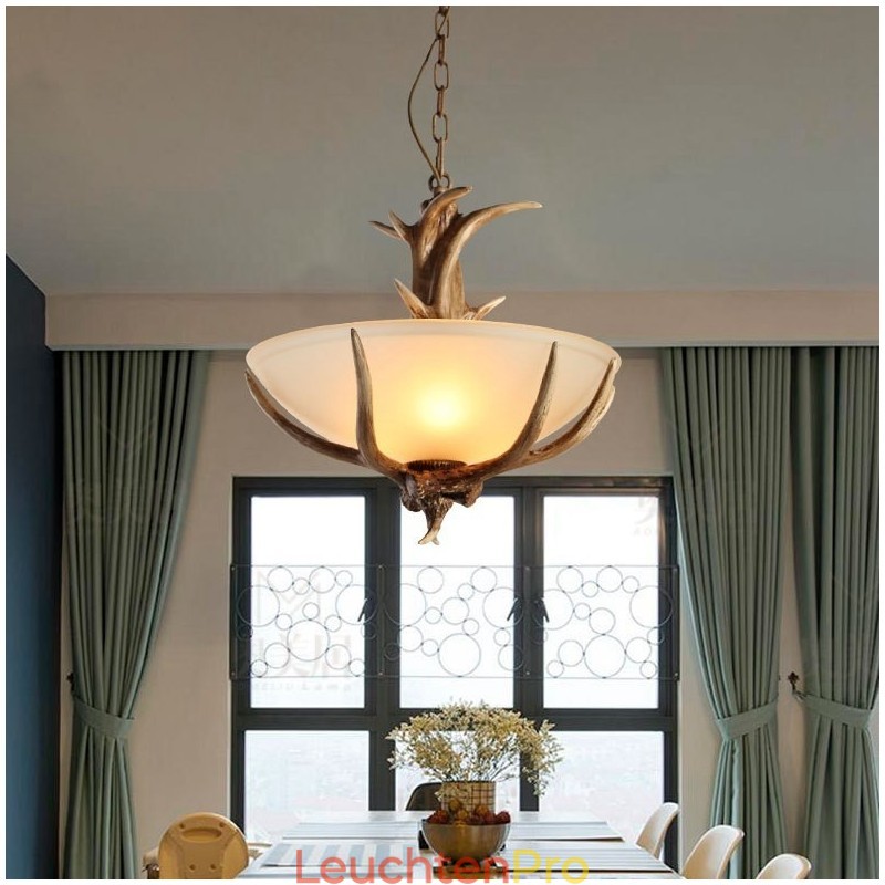 One Light Rustikale, künstlerische Retro-Pendelleuchte mit Geweih und antikem Glasschirm
