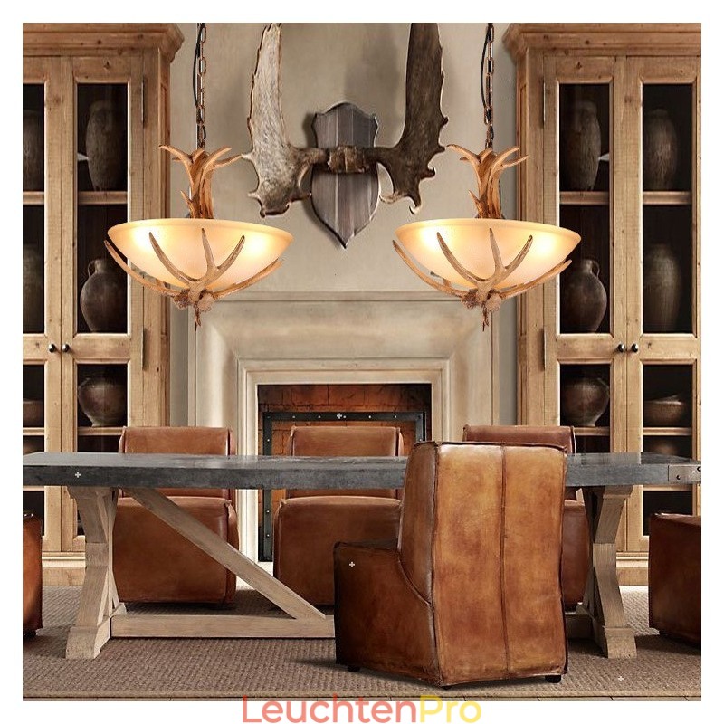 One Light Rustikale, künstlerische Retro-Pendelleuchte mit Geweih und antikem Glasschirm