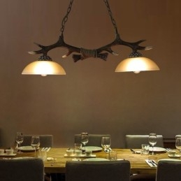 2-flammige schwarze rustikale künstlerische Retro-Pendelleuchte im Geweih-Stil mit Glasschirm