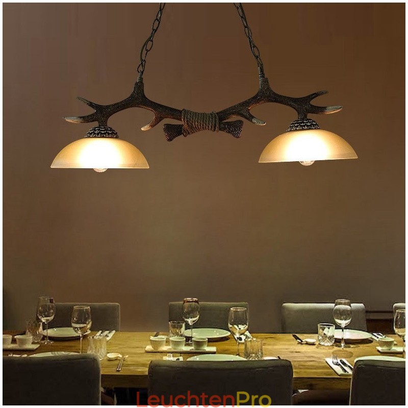 2-flammige schwarze rustikale künstlerische Retro-Pendelleuchte im Geweih-Stil mit Glasschirm
