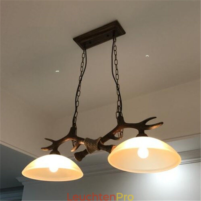 2-flammige schwarze rustikale künstlerische Retro-Pendelleuchte im Geweih-Stil mit Glasschirm