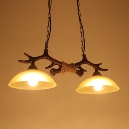 2-flammige schwarze rustikale künstlerische Retro-Pendelleuchte im Geweih-Stil mit Glasschirm