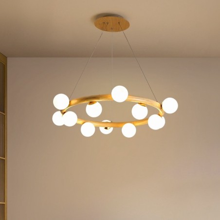 Nordic Ring Schlichter moderner Kronleuchter aus Holz mit Bohnenschirmen Nordic Ring Schlichter moderner Kronleuchter aus Holz mit Bohnenschirmen