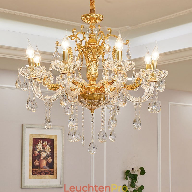 Luxuriöser Kronleuchter mit 6 und 8 Lichtern, goldfarbener Kristallkerzenleuchter