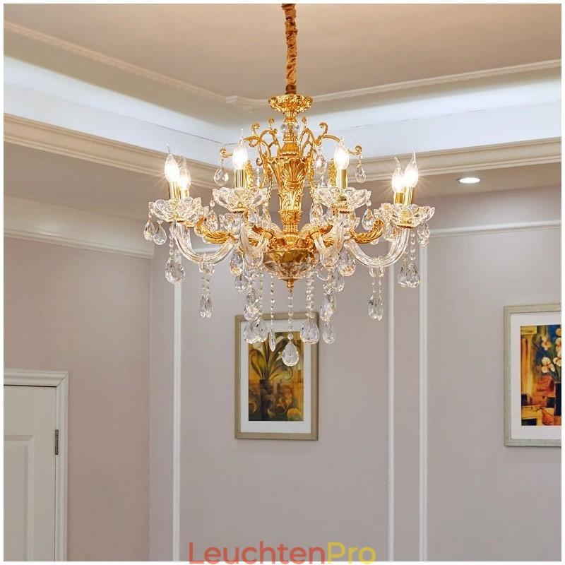 Luxuriöser Kronleuchter mit 6 und 8 Lichtern, goldfarbener Kristallkerzenleuchter