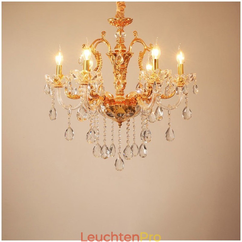 Luxuriöser Kronleuchter mit 6 und 8 Lichtern, goldfarbener Kristallkerzenleuchter