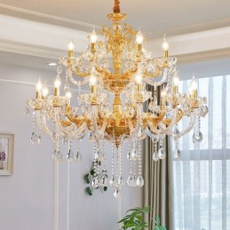 Luxuriöser Kronleuchter mit 18 Lichtern und zwei Ebenen, goldfarben, Kristall