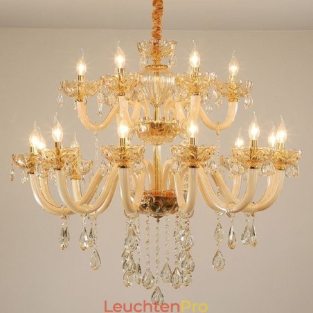 Eleganter Kristall-Kronleuchter, europäische Cognac-Farbe, Deckenleuchte, Glaskörper, doppellagig, 12 + 6 Lichter Eleganter Kristall-Kronleuchter, europäische Cognac-Farbe, Deckenleuchte, Glaskörper, doppellagig, 12 + 6 Lichter