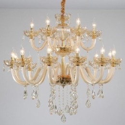 Eleganter Kristall-Kronleuchter, europäische Cognac-Farbe, Deckenleuchte, Glaskörper, doppellagig, 12 + 6 Lichter
