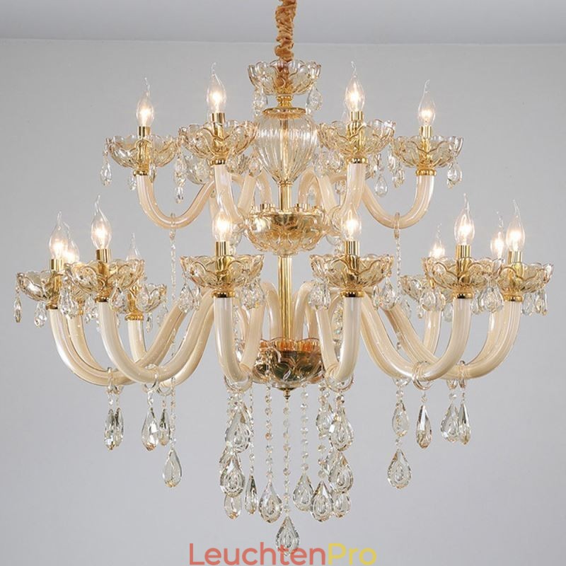 Eleganter Kristall-Kronleuchter, europäische Cognac-Farbe, Deckenleuchte, Glaskörper, doppellagig, 12 + 6 Lichter