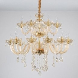 Eleganter Kristall-Kronleuchter, europäische Cognac-Farbe, Deckenleuchte, Glaskörper, doppellagig, 12 + 6 Lichter