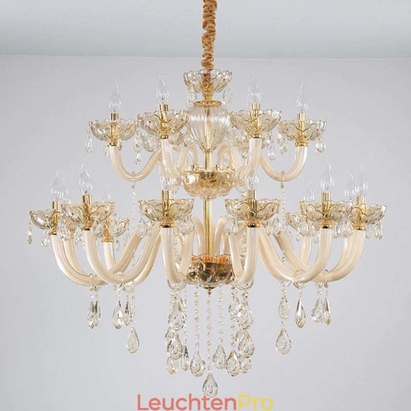 Eleganter Kristall-Kronleuchter, europäische Cognac-Farbe, Deckenleuchte, Glaskörper, doppellagig, 12 + 6 Lichter