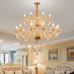 Eleganter Kristall-Kronleuchter, europäische Cognac-Farbe, Deckenleuchte, Glaskörper, doppellagig, 12 + 6 Lichter