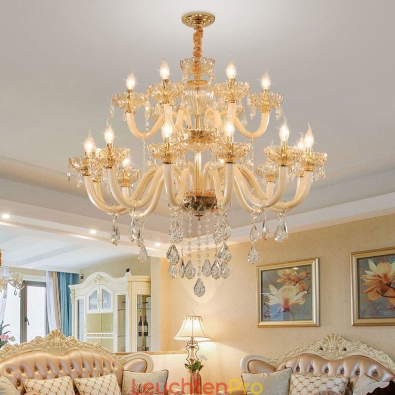 Eleganter Kristall-Kronleuchter, europäische Cognac-Farbe, Deckenleuchte, Glaskörper, doppellagig, 12 + 6 Lichter