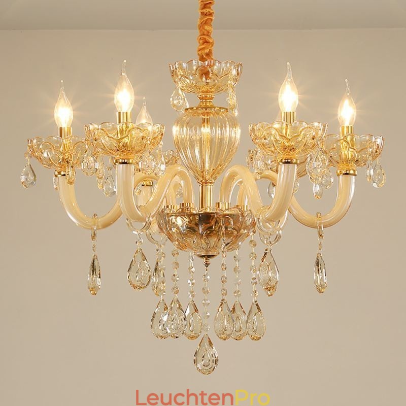 Wunderschöner Kristall-Kronleuchter, europäische Cognac-Farbe, Deckenleuchte, Glaskörper, 8 Lichter