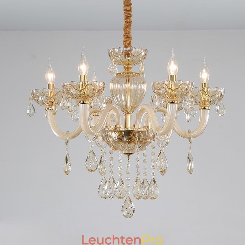 Wunderschöner Kristall-Kronleuchter, europäische Cognac-Farbe, Deckenleuchte, Glaskörper, 8 Lichter