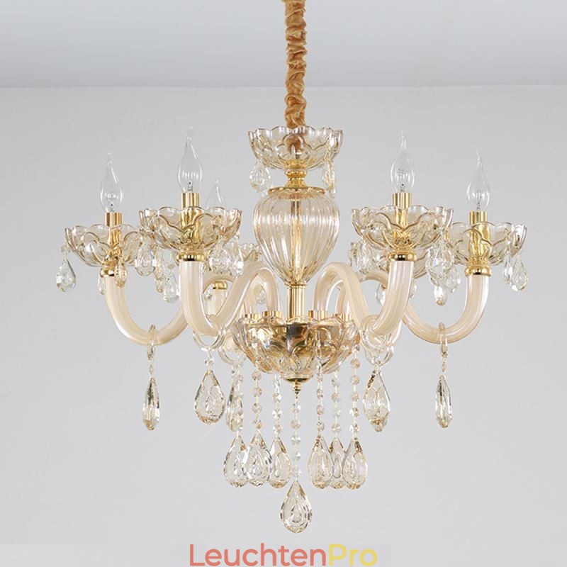 Wunderschöner Kristall-Kronleuchter, europäische Cognac-Farbe, Deckenleuchte, Glaskörper, 8 Lichter