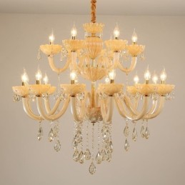 Luxuriöser Kristall-Kronleuchter, europäische Cognac-Farbe, Deckenleuchte, Glaskörper, doppellagig, 12 + 6 Lichter