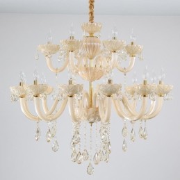 Luxuriöser Kristall-Kronleuchter, europäische Cognac-Farbe, Deckenleuchte, Glaskörper, doppellagig, 12 + 6 Lichter