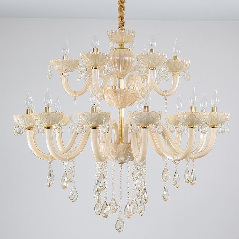 Luxuriöser Kristall-Kronleuchter, europäische Cognac-Farbe, Deckenleuchte, Glaskörper, doppellagig, 12 + 6 Lichter