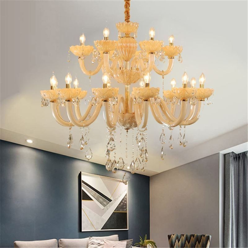 Luxuriöser Kristall-Kronleuchter, europäische Cognac-Farbe, Deckenleuchte, Glaskörper, doppellagig, 12 + 6 Lichter
