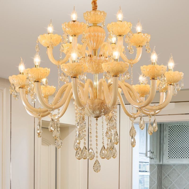Luxuriöser Kristall-Kronleuchter, europäische Cognac-Farbe, Deckenleuchte, Glaskörper, doppellagig, 12 + 6 Lichter