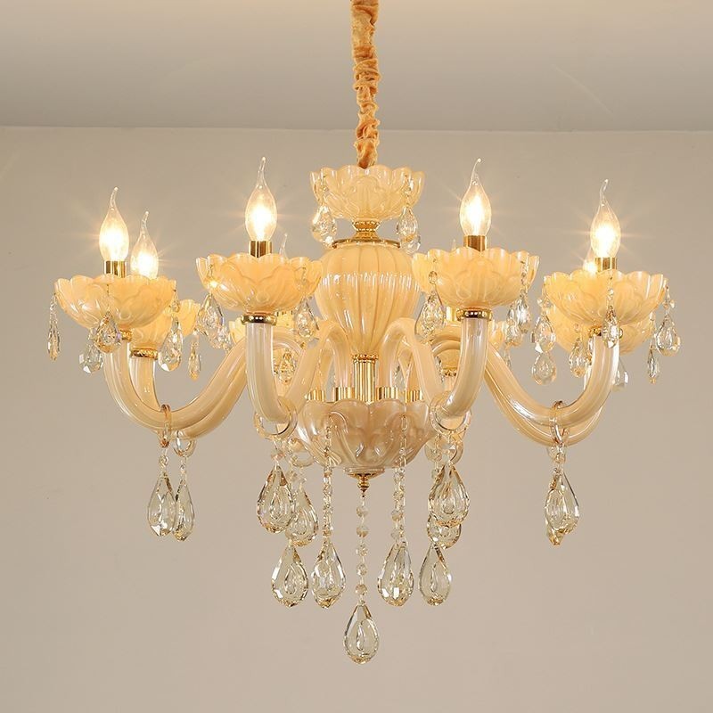 Auffälliger Kristall-Kronleuchter, europäische Cognac-Farbe, Deckenleuchte, Glaskörper, 8 Lichter