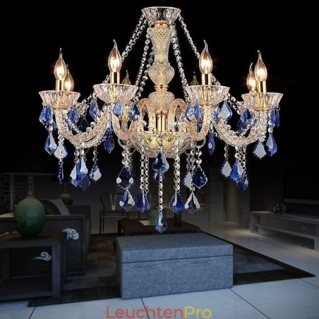 Europäischer Kristall-Kronleuchter Luxus Pendelleuchte Blau Anhänger Europäischer Kristall-Kronleuchter Luxus Pendelleuchte Blau Anhänger