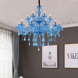 Großer Kristall-Kronleuchter Europäische Pendelleuchte Hellblaue Farbe Ästhetik