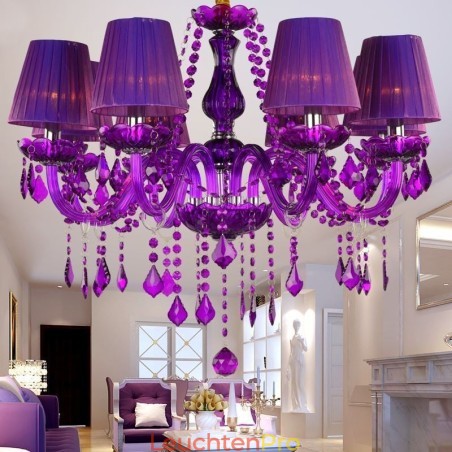 Eleganter Kristall-Kronleuchter im europäischen Stil, violette Pendelleuchte Eleganter Kristall-Kronleuchter im europäischen Stil, violette Pendelleuchte