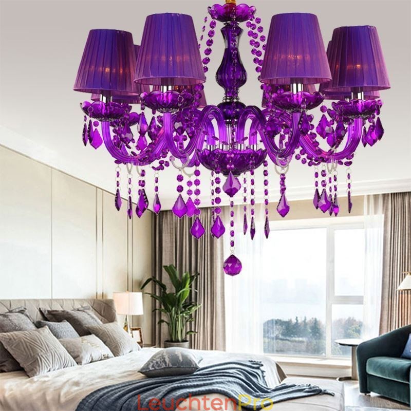 Eleganter Kristall-Kronleuchter im europäischen Stil, violette Pendelleuchte