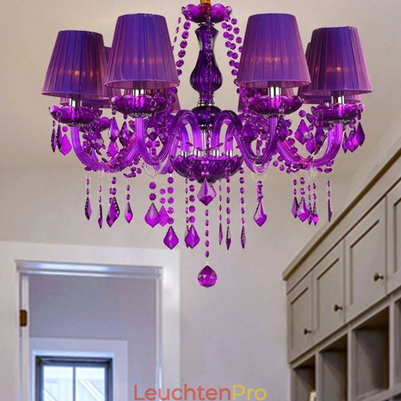 Eleganter Kristall-Kronleuchter im europäischen Stil, violette Pendelleuchte