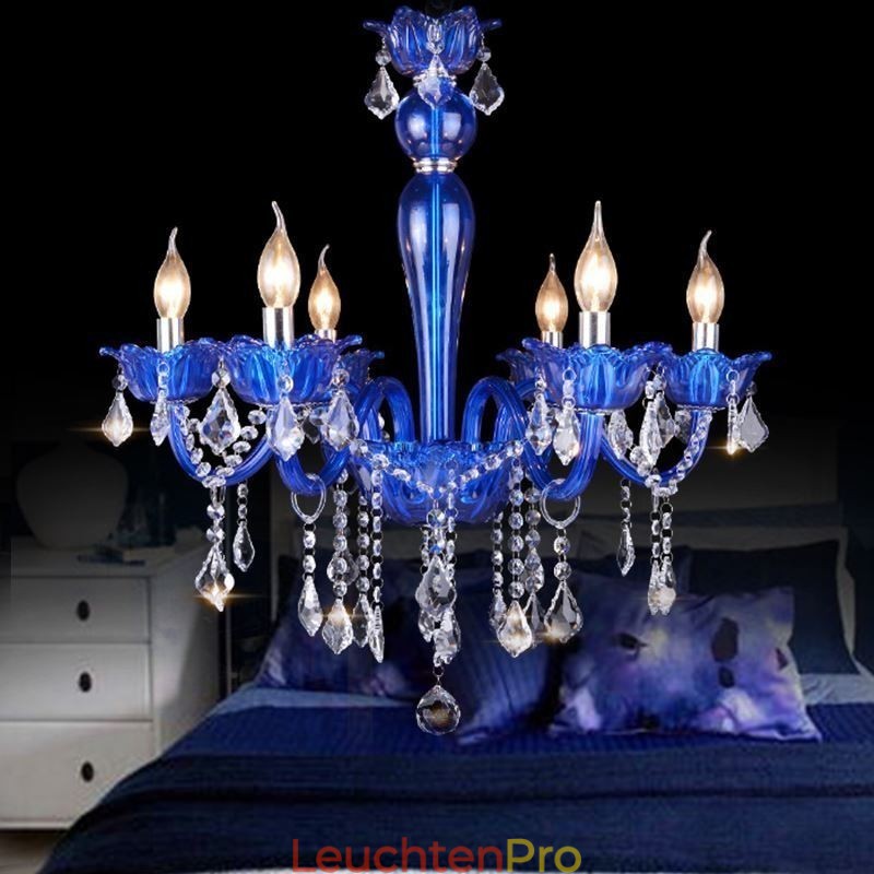 Kristall-Kronleuchter im europäischen Stil, blaue Pendelleuchte aus Kristallglas