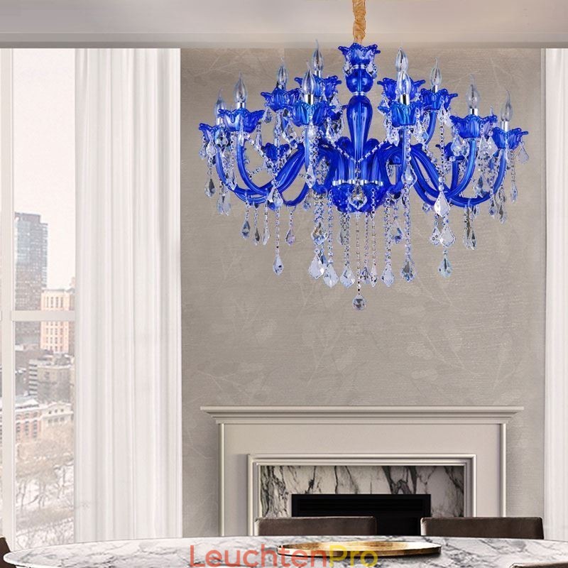 Kristall-Kronleuchter im europäischen Stil, blaue Pendelleuchte aus Kristallglas