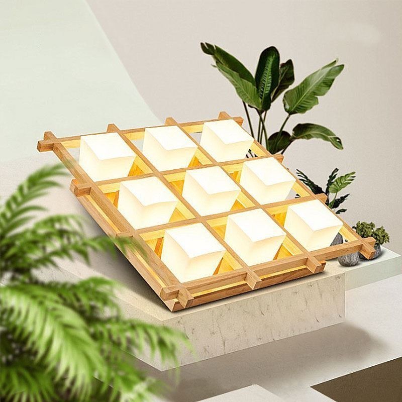 Nordische quadratische Gitter-Deckenleuchte aus Gummiholz