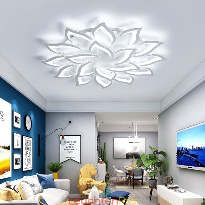 Moderne, schlichte Deckenleuchte aus Acryl in Sonnenblumenform