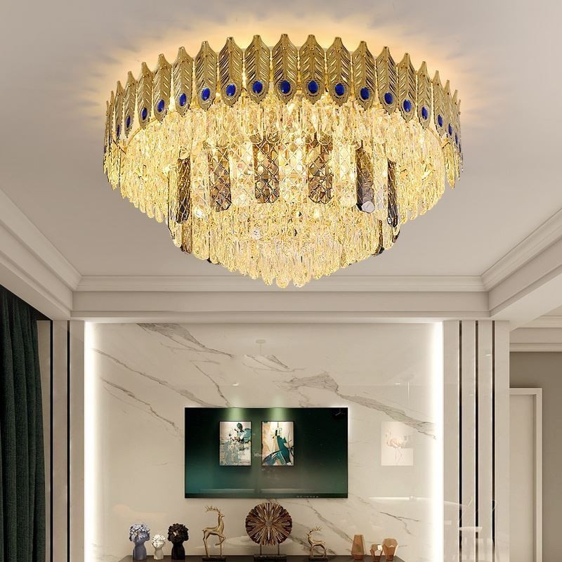 Kristall Flush Mount Runde Galvanisierte Phoenix Schwanz Gold Luxus Dekorative Deckenleuchte