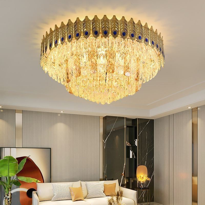Kristall Flush Mount Runde Galvanisierte Phoenix Schwanz Gold Luxus Dekorative Deckenleuchte