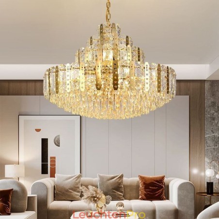 Kristall-Pendelleuchte 4. Etage Luxus-Dekrative Deckenleuchte mit goldenem Hohleisenblech Kristall-Pendelleuchte 4. Etage Luxus-Dekrative Deckenleuchte mit goldenem Hohleisenblech