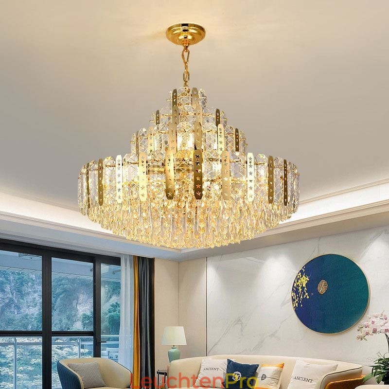 Kristall-Pendelleuchte 4. Etage Luxus-Dekrative Deckenleuchte mit goldenem Hohleisenblech