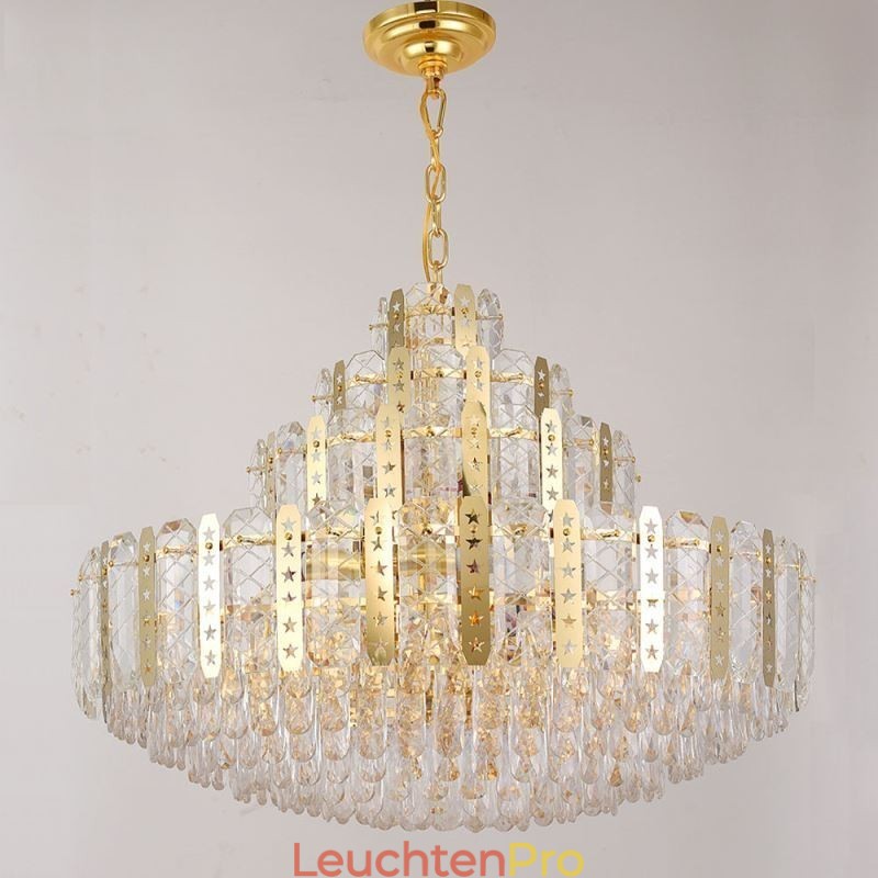 Kristall-Pendelleuchte 4. Etage Luxus-Dekrative Deckenleuchte mit goldenem Hohleisenblech