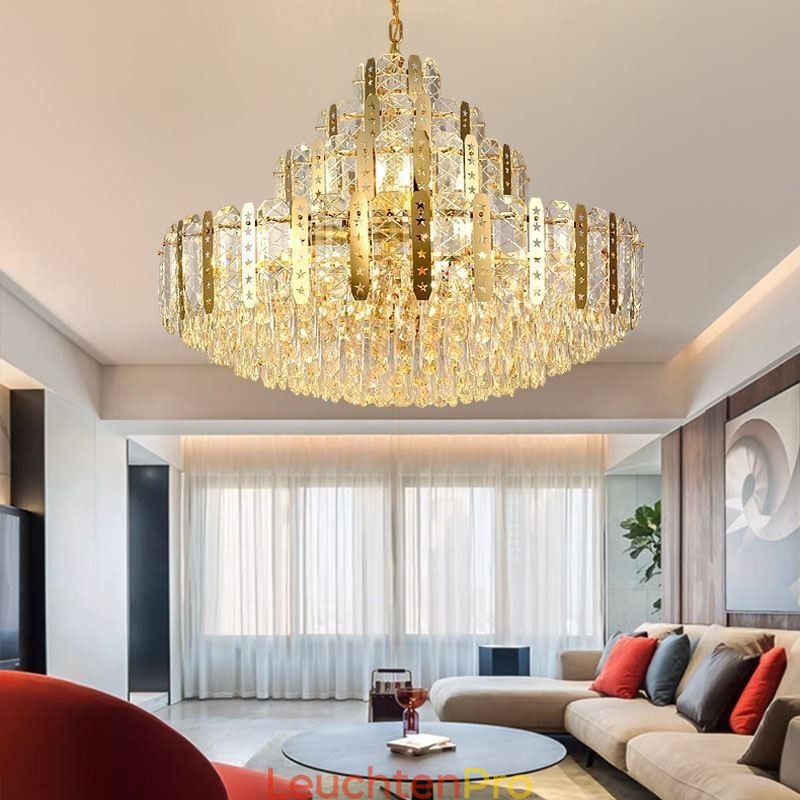 Kristall-Pendelleuchte 4. Etage Luxus-Dekrative Deckenleuchte mit goldenem Hohleisenblech