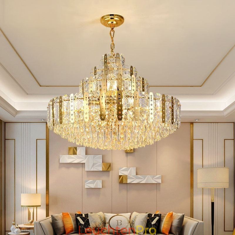 Kristall-Pendelleuchte 4. Etage Luxus-Dekrative Deckenleuchte mit goldenem Hohleisenblech