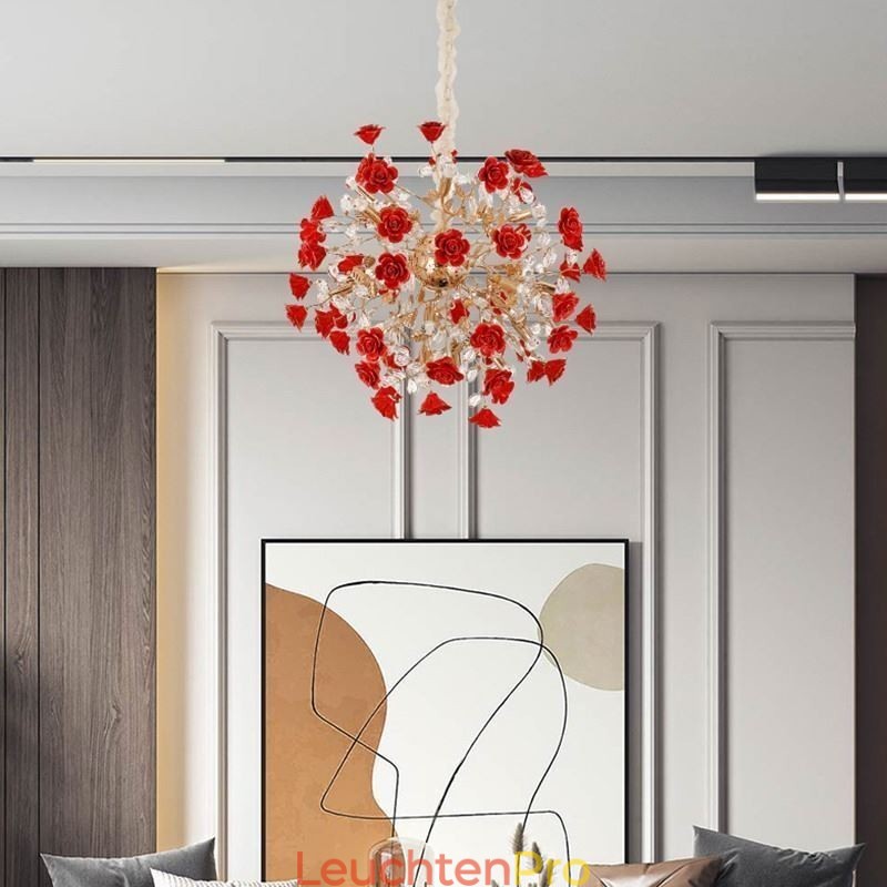 Luxus Pendelleuchte Keramik Rote Blume Kronleuchter