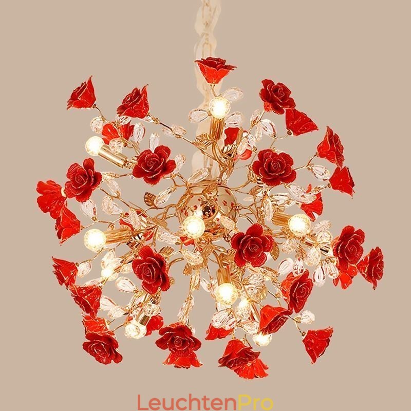 Luxus Pendelleuchte Keramik Rote Blume Kronleuchter