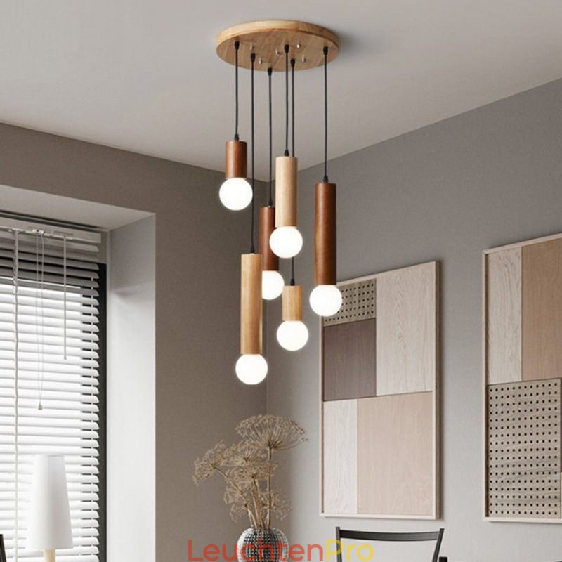 Japanische Holz Pendelleuchte 6 Lichter Hängeleuchte