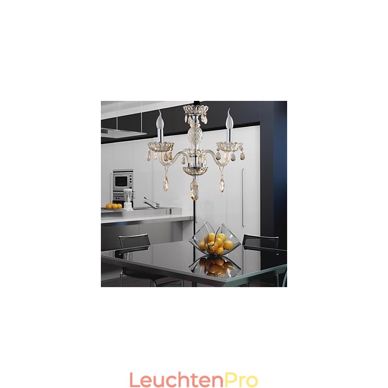 3-flammiger Kronleuchter im Palaststil aus Glas mit Kerzenbirne