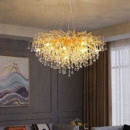 Nordischer Kristall-Kronleuchter mit Blumenmuster, runder Schirm, Luxus-Gold-Pendelleuchte