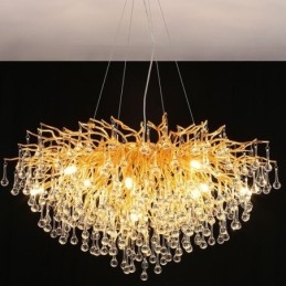 Nordischer Kristall-Kronleuchter mit Blumenmuster, runder Schirm, Luxus-Gold-Pendelleuchte